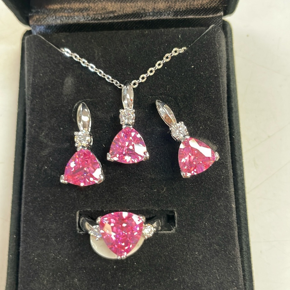 Pink triangle earrings necklace and ring set size 9 ring pink